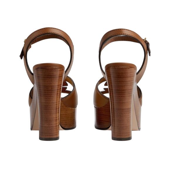 Gucci Cutout Interlocking G 37.5/ US 7.5 Platform Sandal Dark Brown Leather NIB - Picture 2 of 15